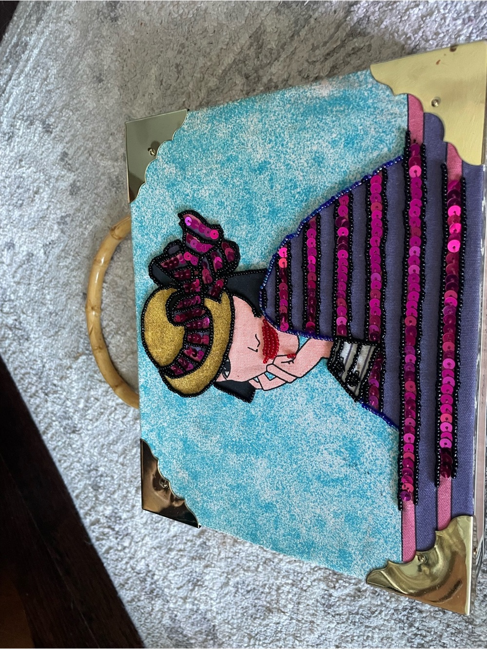 Embellished Sequin Illustration Clutch in Turquoise and Pink
